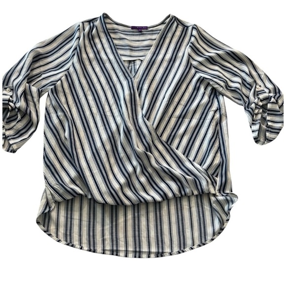 West kei blue white blouse striped size medium Flowy summer poly linen - Picture 1 of 7